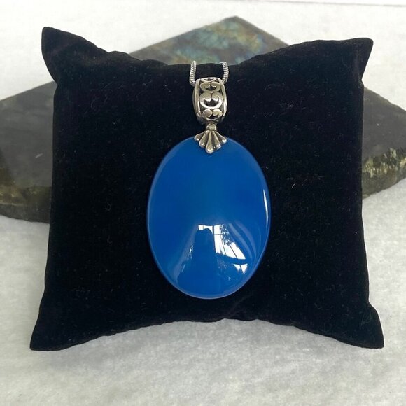 Sterling Silver 925 Oval Blue Chalcedony Quartz Scrollwork Pendant Necklace 20" - Picture 12 of 16